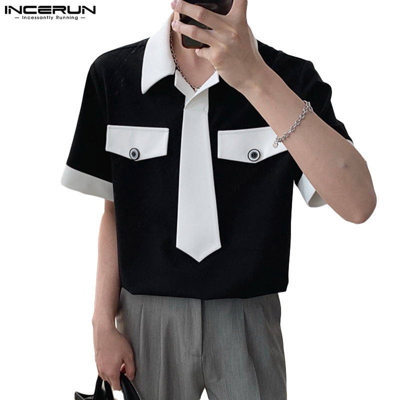 INCERUN Men's S-5XL Short Sleeve Black & White Stitching Collared ...