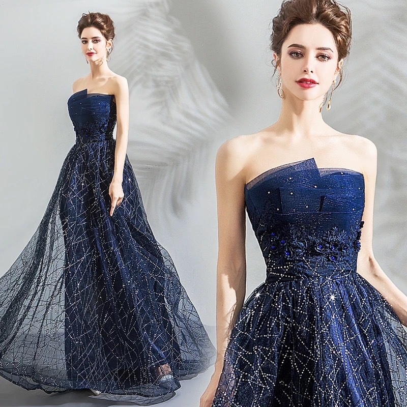 sachin and babi light blue dress Black Starry Sky Evening Dress for Women Fairy Temperament Puff Sleeve  Square Neck Slim Princess Dresses Birthday Dinner Host Party Gown main image 0