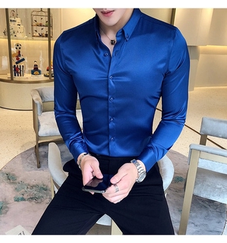 Neckline Embroidery Mens Shirts Long Sleeve Casual Slim Fit Men Dress  Shirts Solid Color Formal