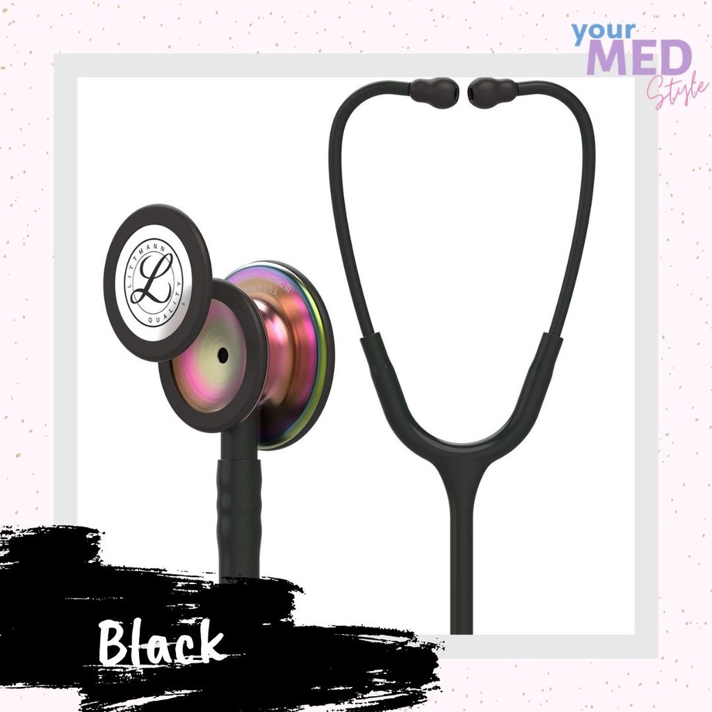 3M Littmann Classic III Stethoscope, Rainbow-Finish Chestpiece, black stem  and headset, Black Tube, 27 inch 