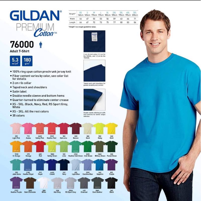 Gildan 76000 Premium Cotton Plain Shirt (Black, White 4XL & 5XL ...