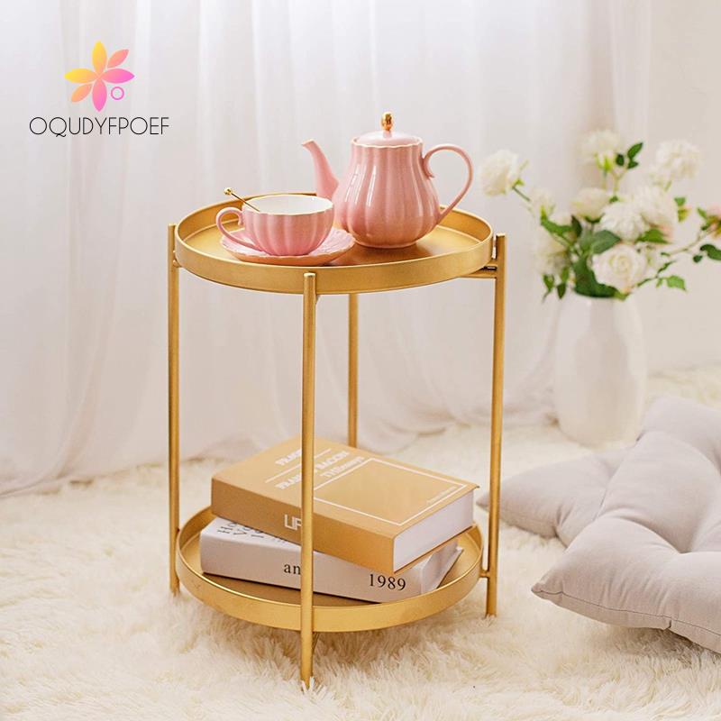 UsGU 2 Tier Metal Side Table Removable Tray Gold End Table Small Accent