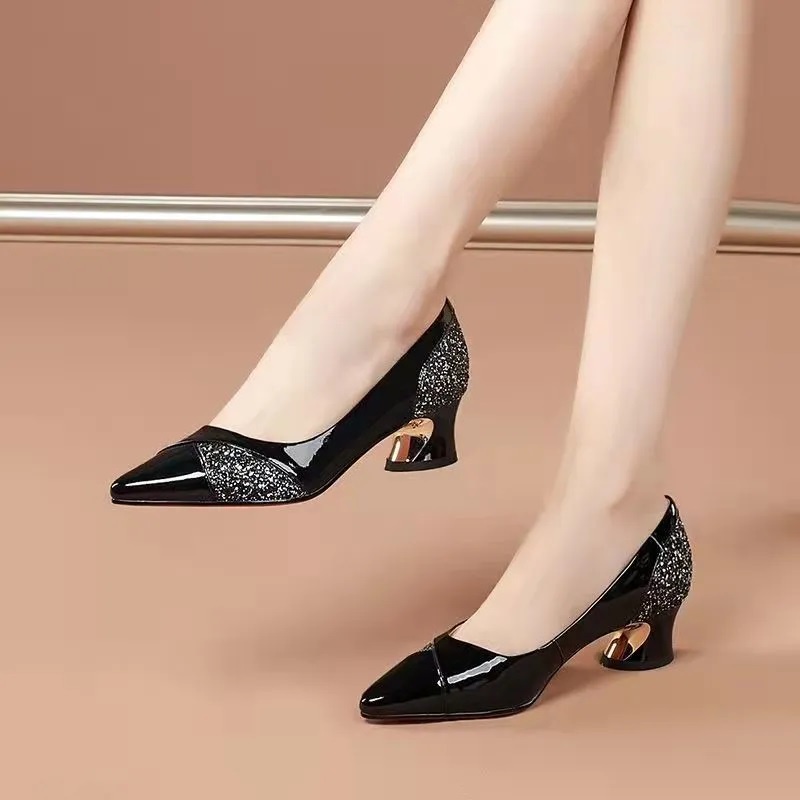 Women Fashion Pointed Toe High Quality Sqaure Heel Pumps for Night Club Lady Casual Black Pu Leather Heel Shoes A6406i Shopee Philippines