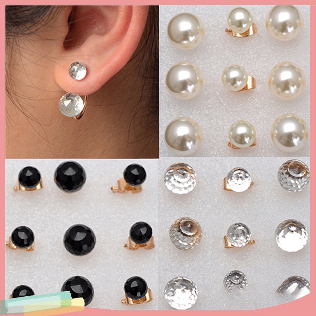 [LK] Women's Fashion Dauble Beads Crystal Rhinestone Ear Stud Earrings