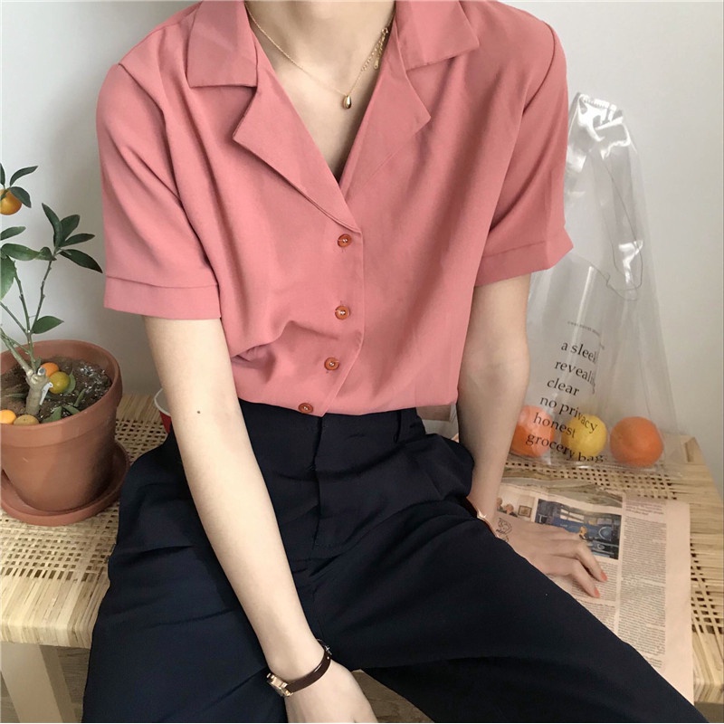 Korean Pink Polo Outfits Korean Summer Short Sleeve Women Shirt