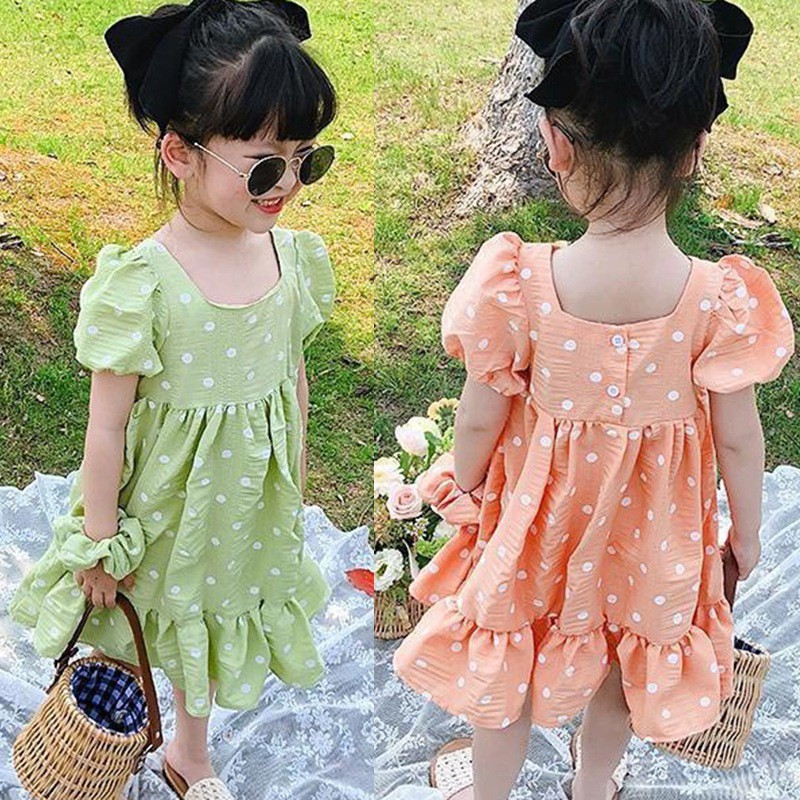 Lovekids Puff Sleeve Dress For Kids Girl 1 3 6 Years Old Square Neck Polka Dot Korean Sunday Dress With Hair Accessories Shopee Philippines