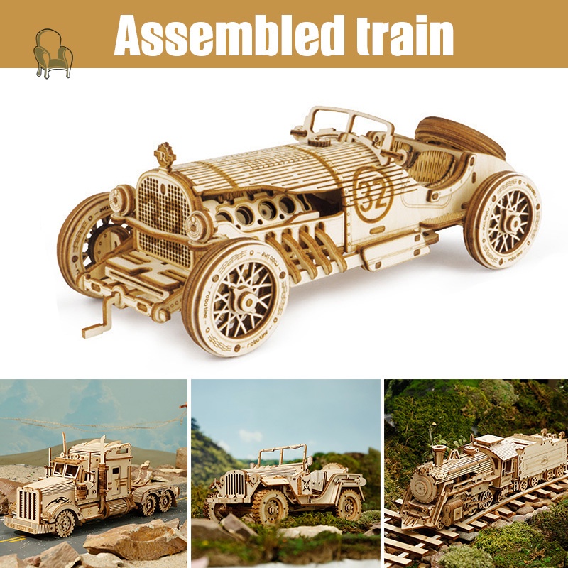 3D Wooden Puzzle Train Model DIY Wooden Train Toy Mechanical train ...