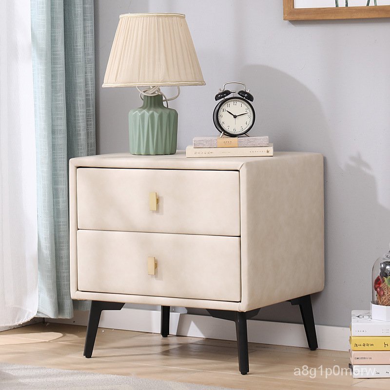 ItalianStyle Light Luxury Leather Bedside Table Solid Wood Nordic Faux
