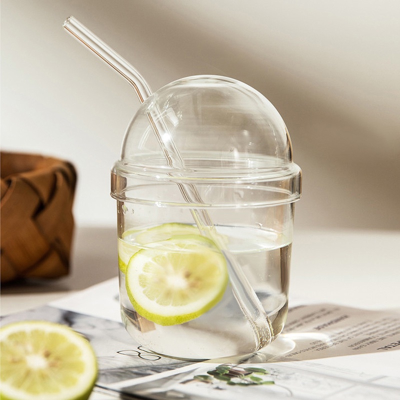 440ml Glass Cup Straw Cup with Lid Largecapacity Milk Tea Juice Drink Cup Beer Mugs, Ice Coffee
