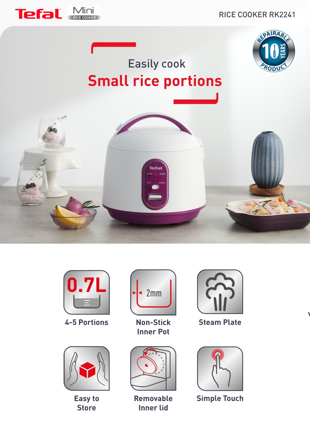 Tefal Mechanical Mini Compact Rice Cooker 0.7L RK2241 – 2mm Non-Stick ...