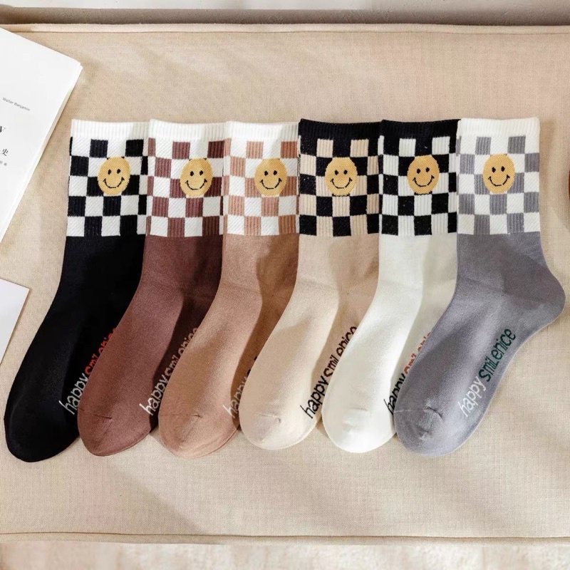 Korean Iconic Socks Checkered Check Happy Smiley Face Smile Mid Cut ...