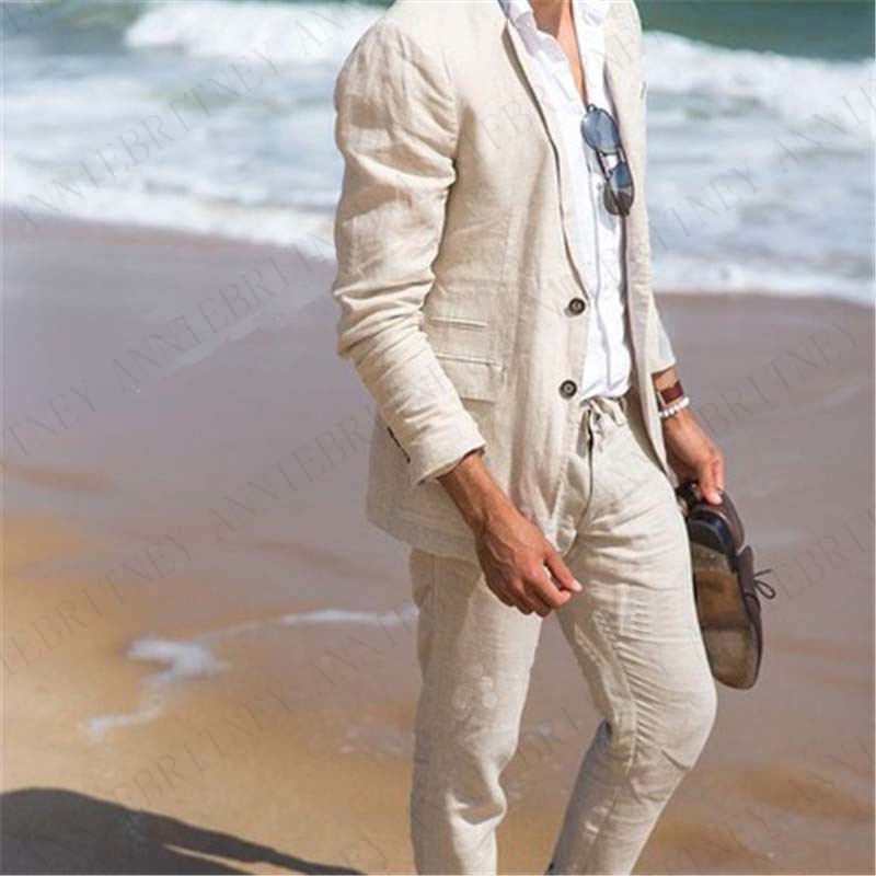 Men's Summer Beach Suit White Linen Jacket Double Breasted Groom