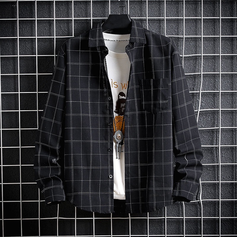 Plaid Long-Sleeved Shirt Male Spring And Autumn Korean | Shopee Philippines