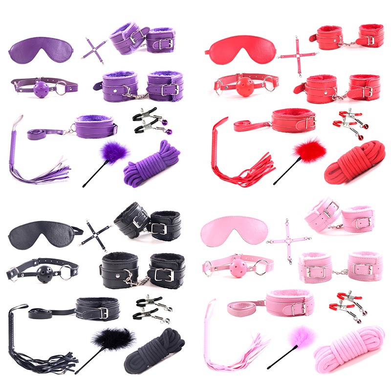 10pcs Set Exotic Accessories For Woman Pu Leather Sm Sex Bondage Set Hand Cuffs Footcuff Whip