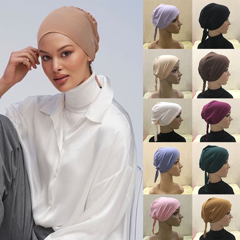 Plain Full Cover Underscarf Bonnet with Bandage Muslim Soft Cotton ...