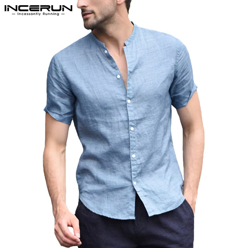 INCERUN Mens Short Sleeve Casual Linen Breathable V-Neck Shirt | Shopee ...