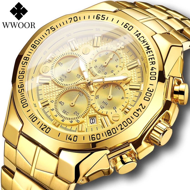 Wwoor Sports Military Watches Men Top Brand Luxury Gold Full Steel  Waterproof Analog 24 Hour Quartz Wristwatch 8868