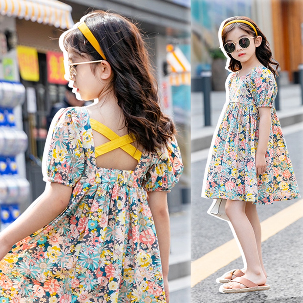 Floral Printed Puff Sleeve Girls Dress 2-8 Years Old Kids Backless