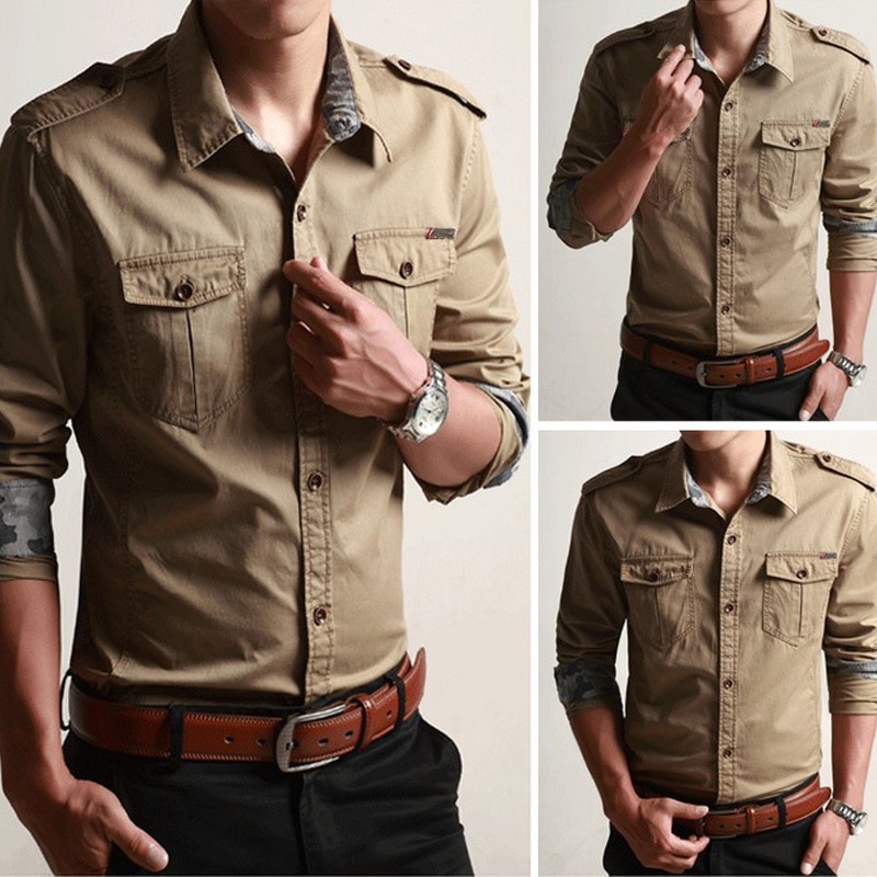 New 100% Cotton Military Shirt With Epaulette Men Long Sleeve ...