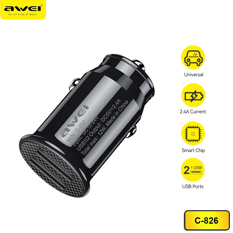 Awei C 826 Dual Usb Charger 5v 24a Mini Fast 2 For Car Shopee