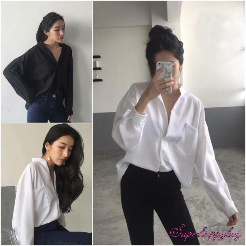 Korean Style Loose White Long Shirt for Women Pleated Waist Long Sleeve  Casual Blouse Girls Top