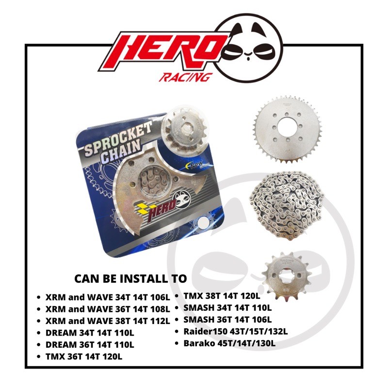 HERO Sprocket Chain Set Chrome Made in Thai For XRM/WAVE SMASH TMX ...