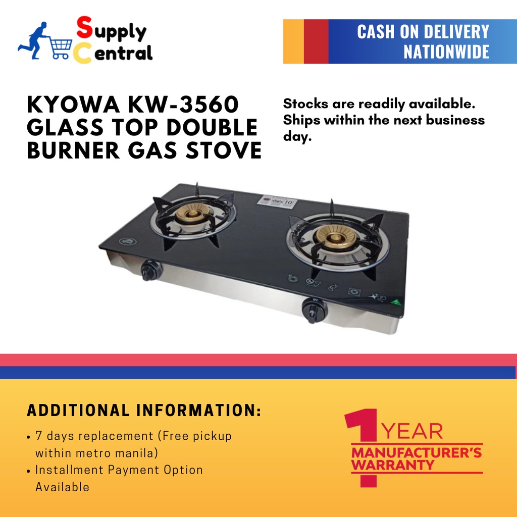 Kyowa Glass Top Double Burner Gas Stove (Black) KW3560 (Supply Central