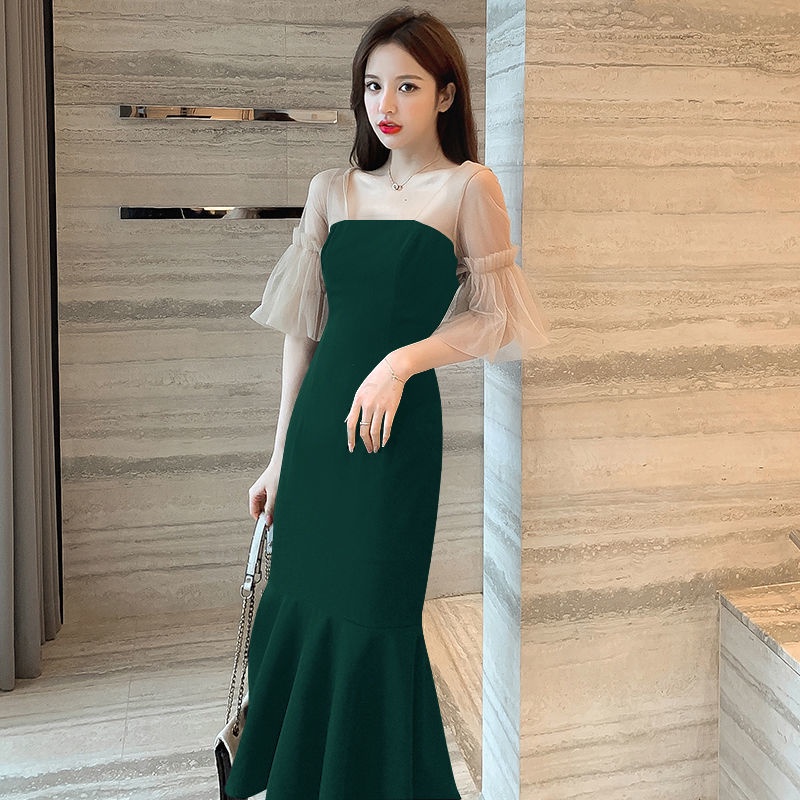 OOC」sage mint emerald green dress korean long sassy elegant - Main Image