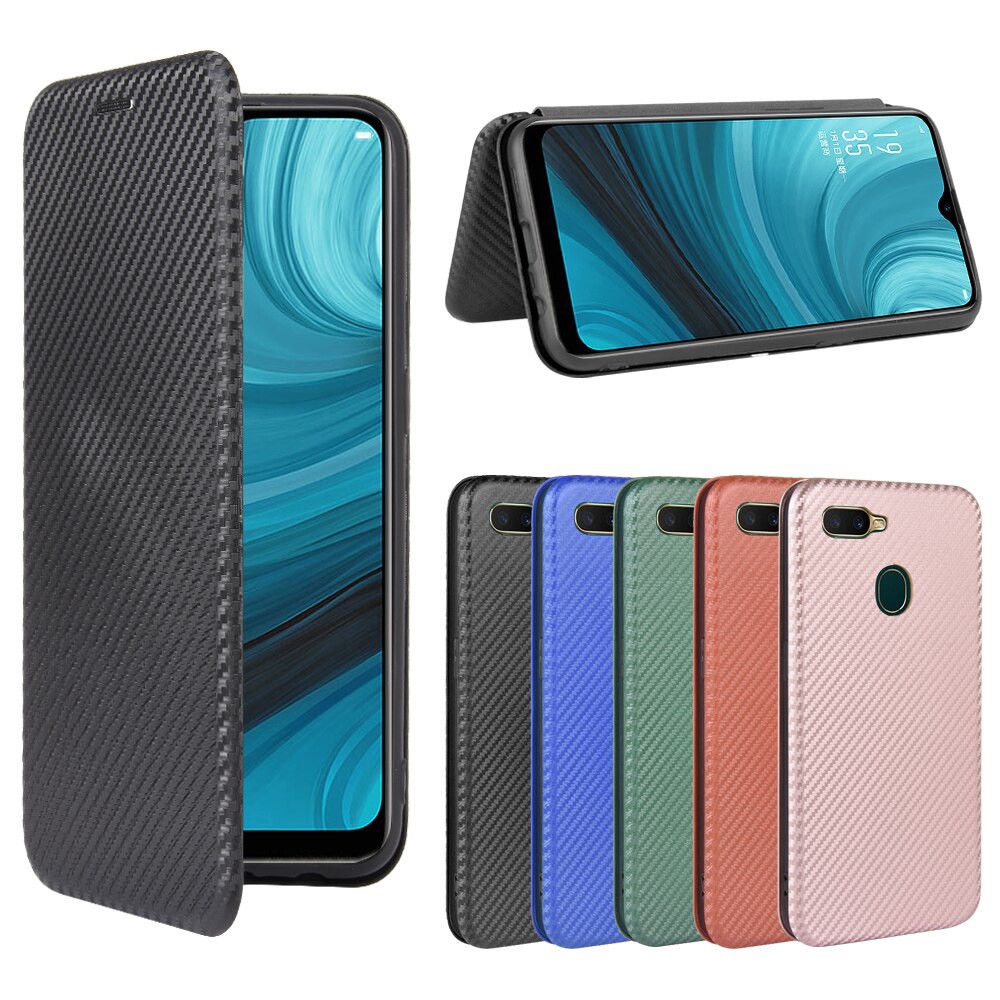 Case For Oppo A12e A12 A7 A5s A5 A3s Carbon Fiber Flip Wallet Phone