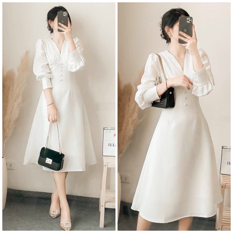 V-neck midi dress with long sleeve buttons in white (with real pictures ...