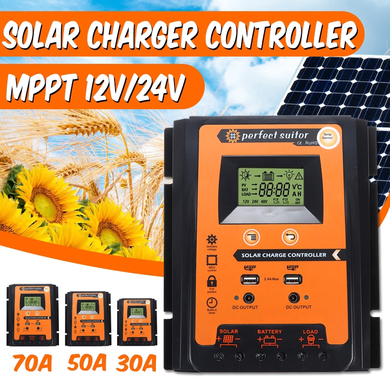 MPPT Solar Charge Controller Intelligent Dual USB LCD Display 12V/24V ...