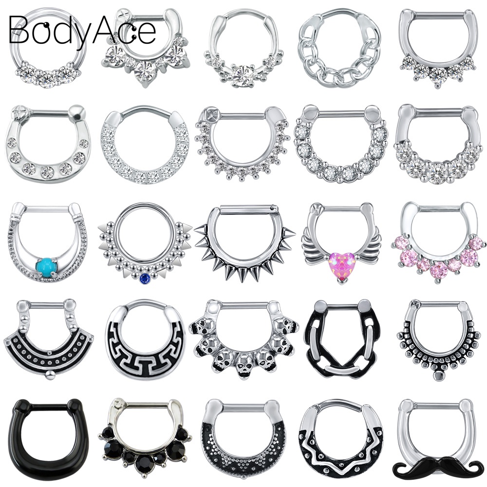 Bodyace 1 PC 316L Stainless Steel Nose Rings Rhinestone Septum Clicker