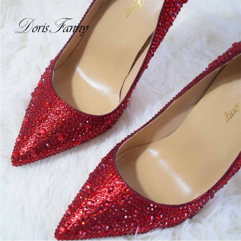 Doris Fanny Stiletto 2022 Shoes Woman Red Crystals Woman Wedding Shoes Bride Sexy Party Shoes 8460