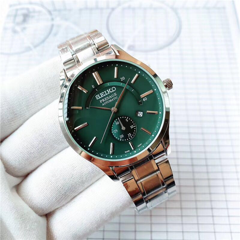 Seiko Emerald Green Calendar Watch Men Quartz Steel Strap Waterproof ...