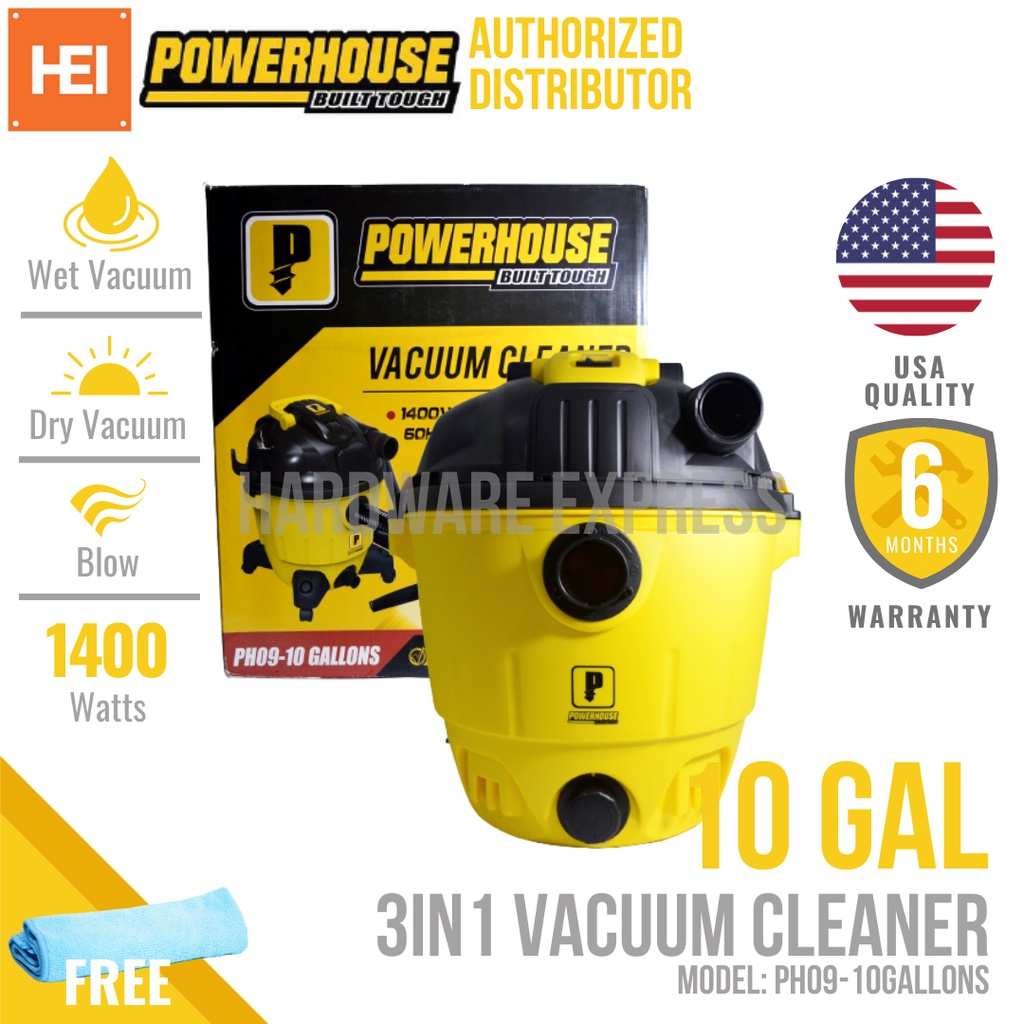 POWERHOUSE 10 Gal Wet & Dry Vacuum Cleaner 1400W w/ FREE MICROFIBER