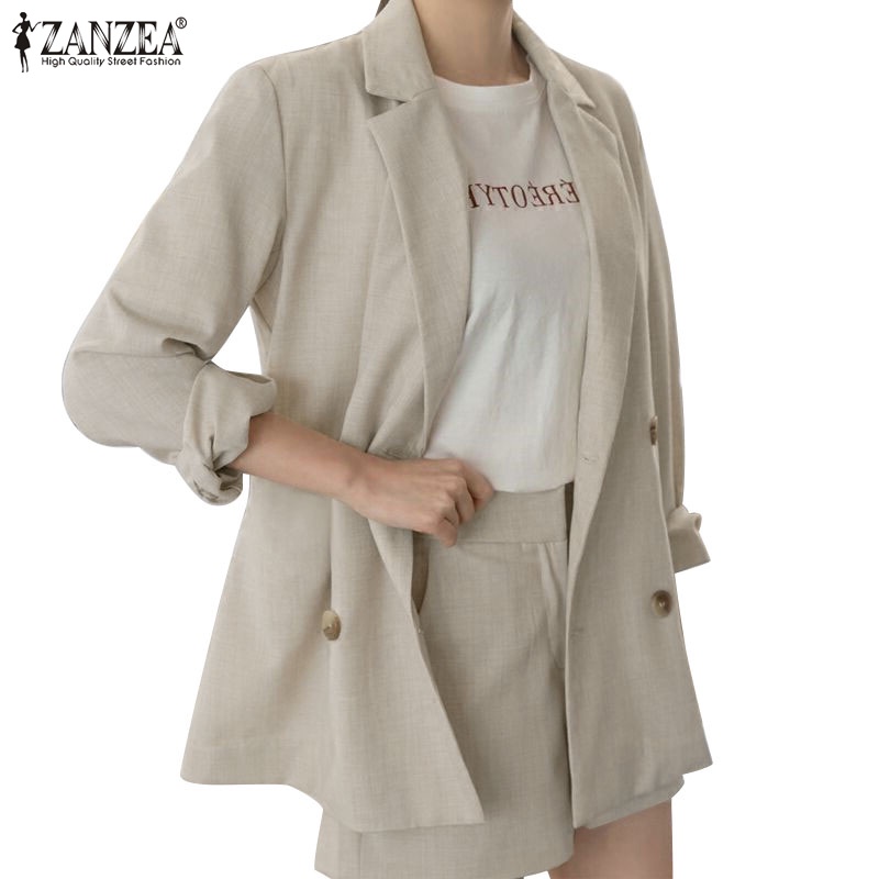 Zanzea Women Office Notched Collar Double Breasted Long Sleeve Blazer Elastic Waist Shorts Loose 8779