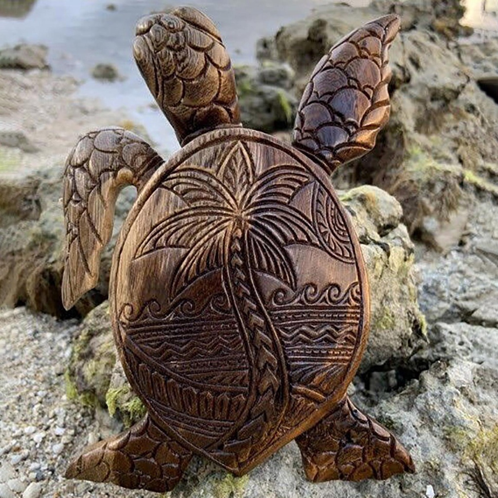 Hawaiian Sea Turtle Wood Carving Statue Resin Garden Tortoise Figurine ...