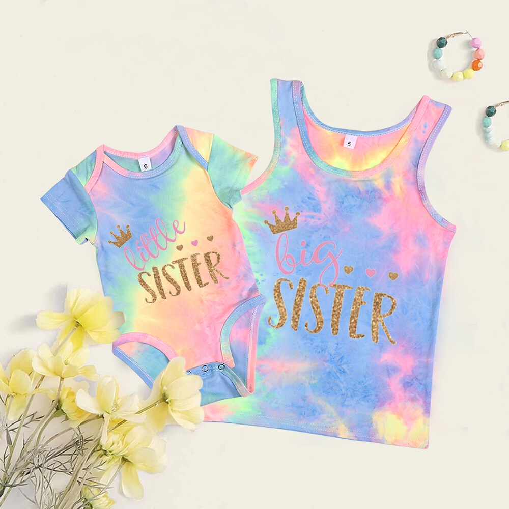 Princess Sisters Tie Dye Girl Vest Fashion little Baby Jumpsuit Big
