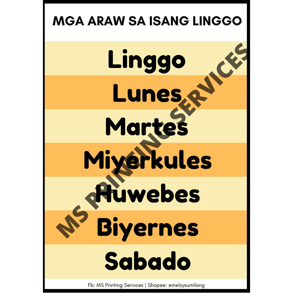 Laminated Chart (Mga Araw sa Isang Linggo) | Shopee Philippines