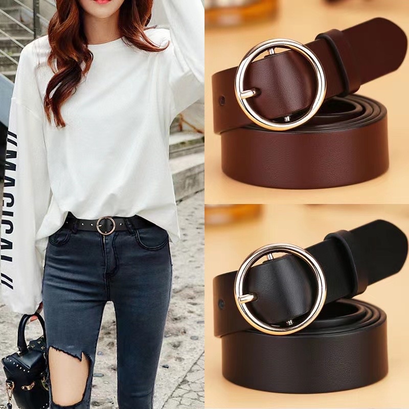 Women Vintage Metal Boho Leather Round Buckle Waist Belt