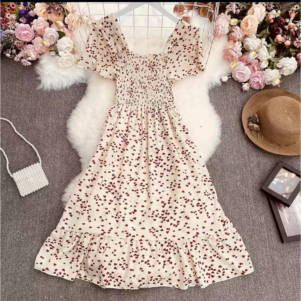 Korean fashion model slim-fitting mini open shoulder floral dress soft ...