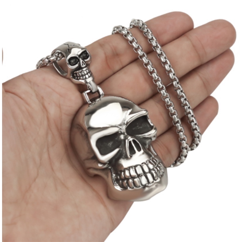 Classic Men Large Double Silver Skull Motorcycle Pendant Necklace Chain ...