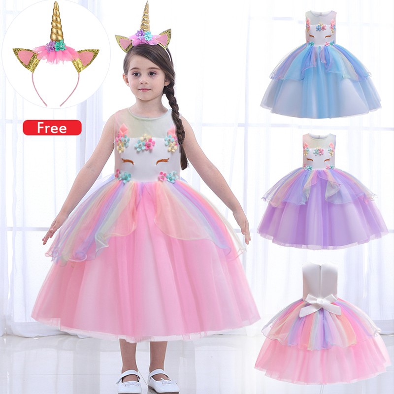 Ohlover Little Girls Unicorn Party Dress Costume Set With Headband & Jewelry