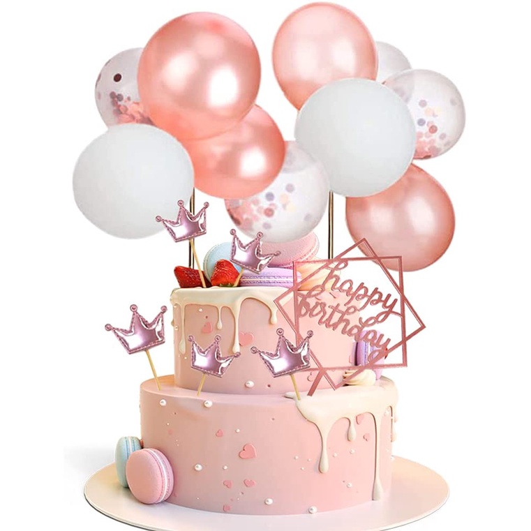 16Pcs Ins Rose Gold Latex Balloon Cloud Happy Birthday Cake Toppers ...
