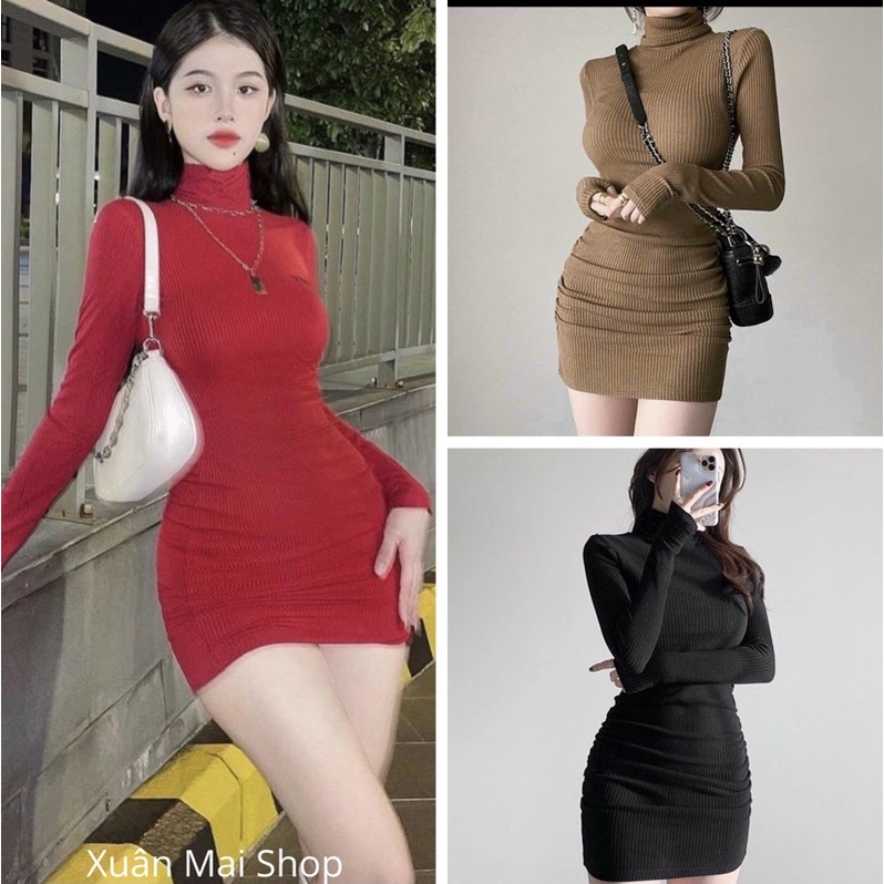 Wool bodycon dress with ruffled waist, long sleeves, 3-5p high neck ...