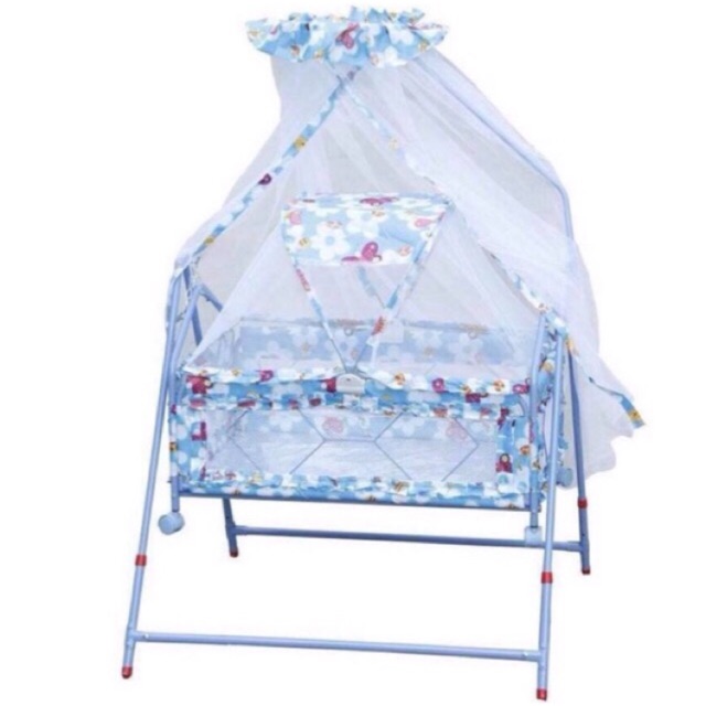 Blue Floral Baby Crib with Rocker and Mosquito Net | Shopee Philippines