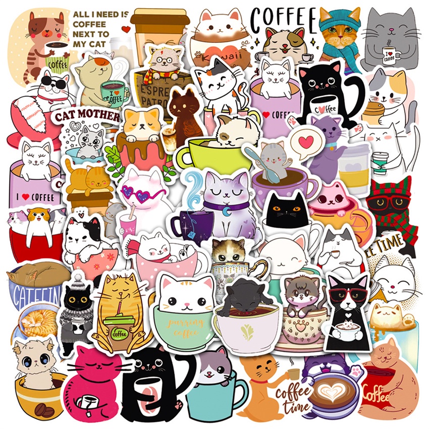 Cats . Coffee Time Series 01 Stickers 50Pcs/Set Waterproof DIY Fashion ...