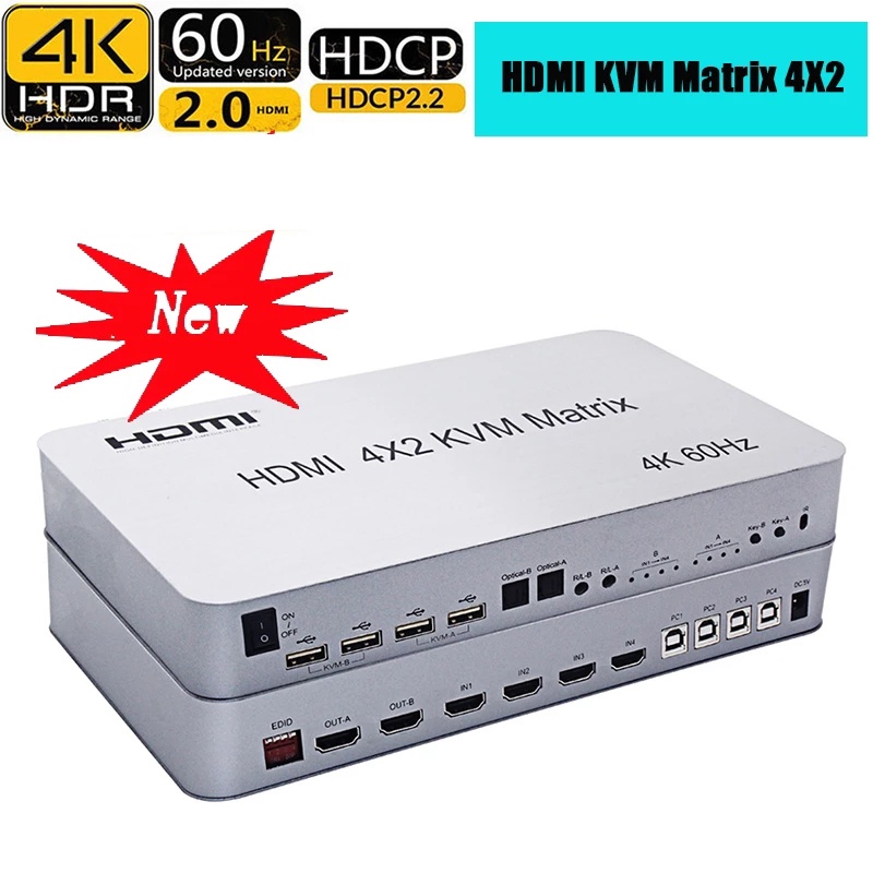 4K 60hz 4x2 HDMI KVM Matrix Audio Video Converter Switch Splitter 4 In ...