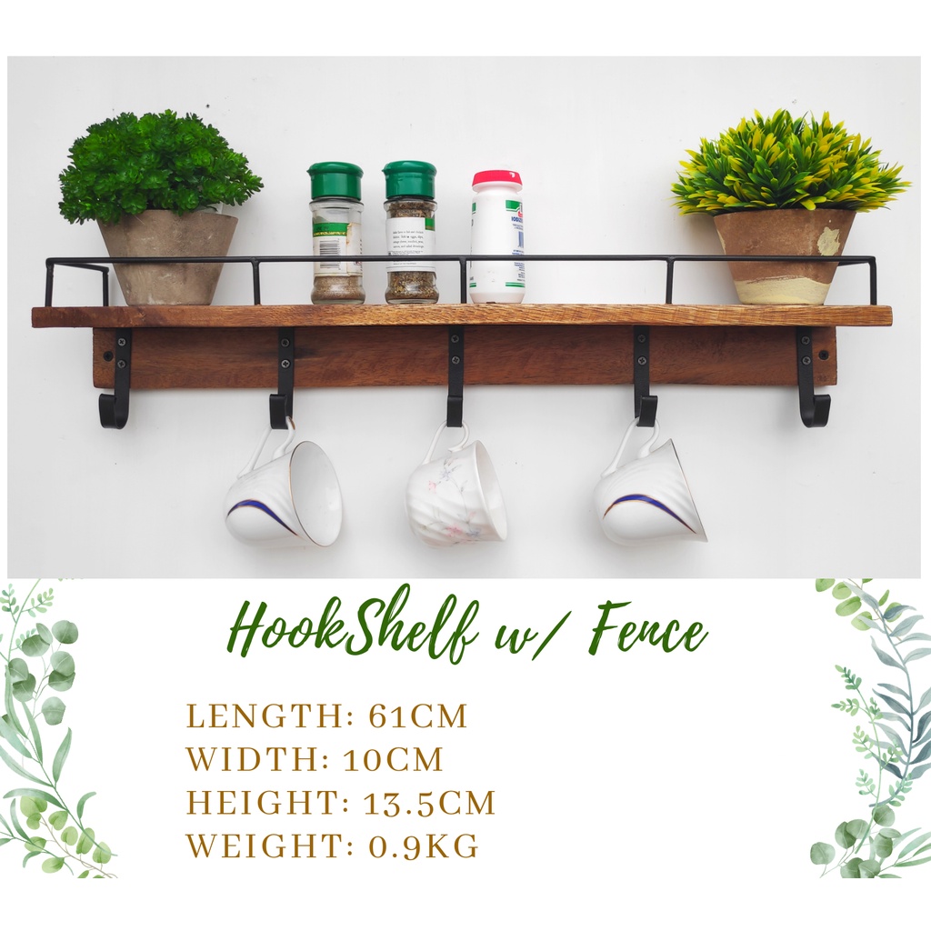 Solid Wood Hookshelf with Fence (10CM Width)- Kitchen and living Room ...