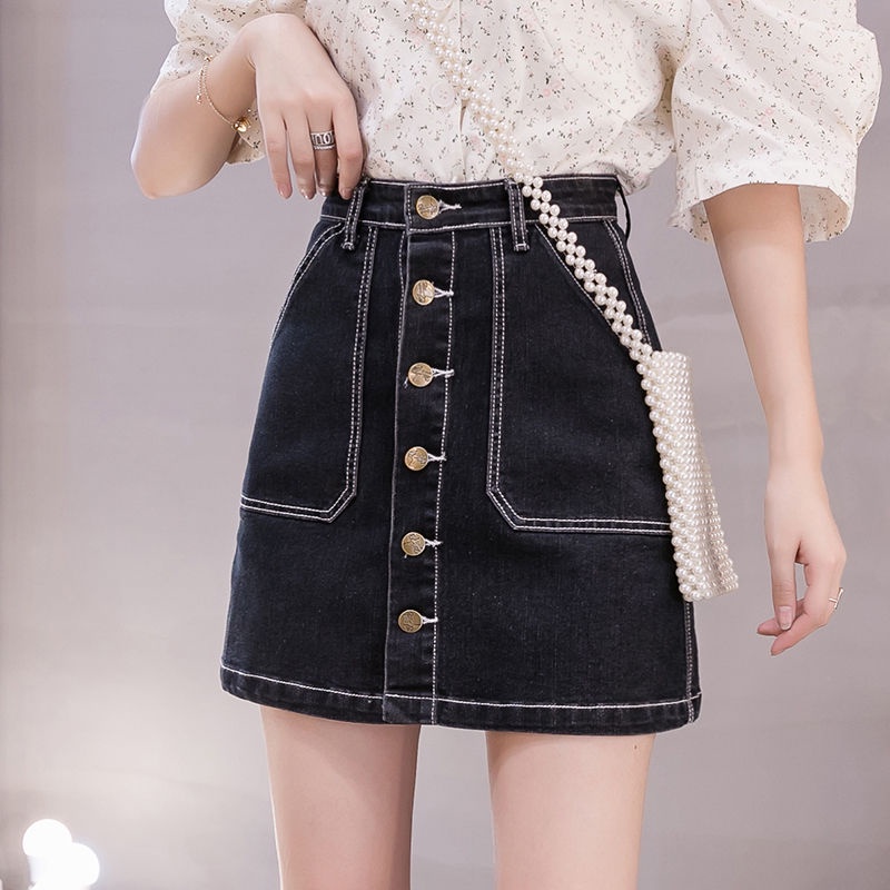 JK Stretch Black Denim Skirt A- Line Sheath Half-Length plus Size Women's  Summer